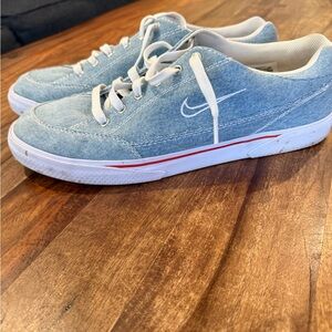 Nike Light Blue Denim Skate Sneakers with White Swoosh and Red Accent janoski